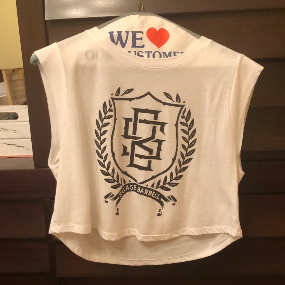 Savage Barbell sleeveless crop tee.